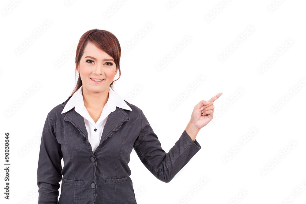 smiling young business woman hand point . suggest work. presentation smiling young business woman hand point . suggest work. presentation