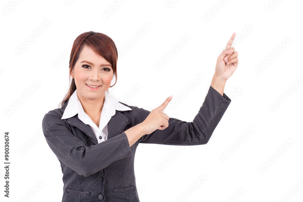 smiling young business woman hand point . suggest work. presentation smiling young business woman hand point . suggest work. presentation