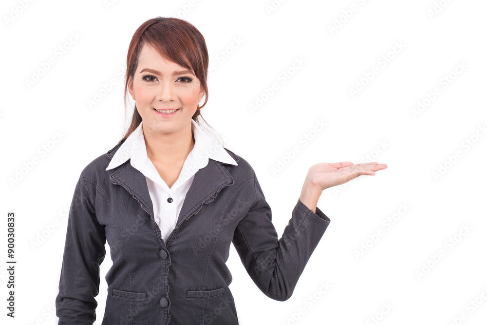 smiling young business woman hand point . suggest work. presentation smiling young business woman hand point . suggest work. presentation