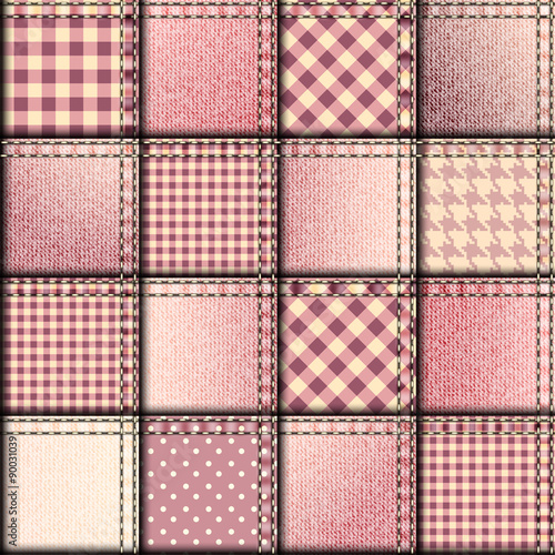 Patchwork of pink denim fabric.