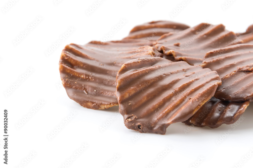 potato chip with chocolate on white potato chip with chocolate on white