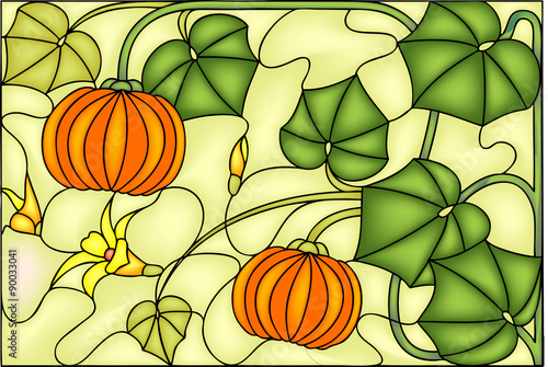Orange pumpkin vegetable with green leaves, stained glass windows, vectors