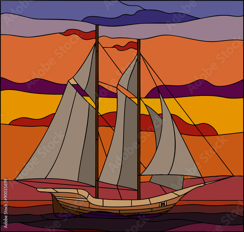 Foto Vector illustration of sailing ships in stained-glass window frame