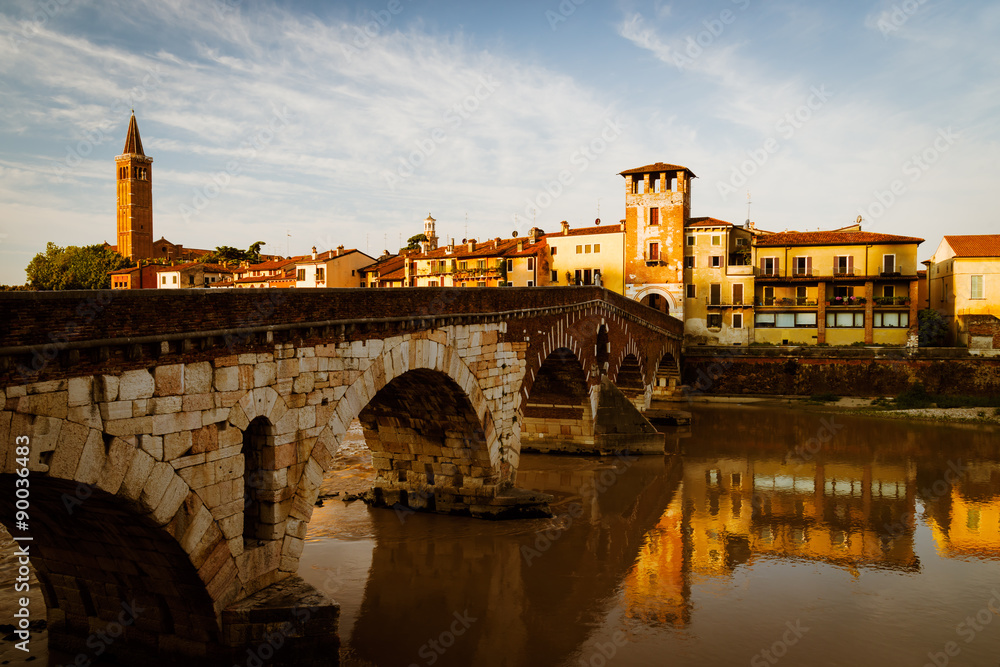 Adige river and St Peter bridge at sunrise, Verona, Italy.