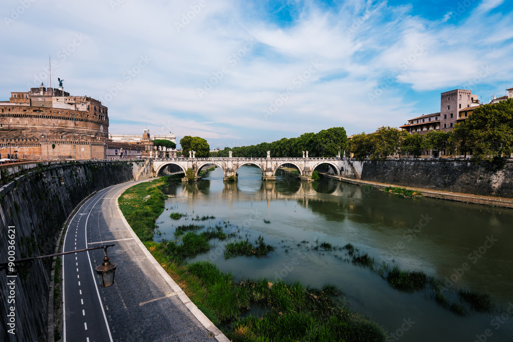  bridge over the Tiber river and Saint Angel castle,  Rome, Italy.