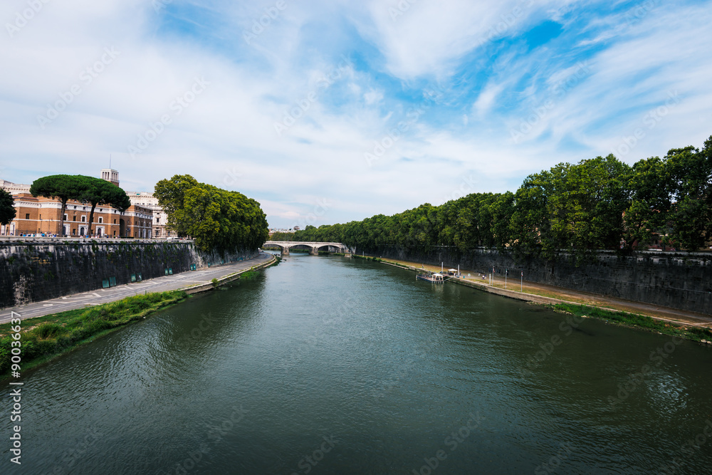 View on bridge over the Tiber river,  Rome, Italy.