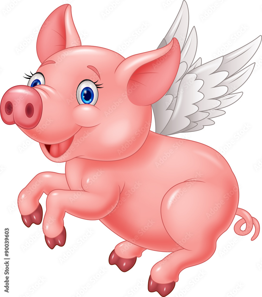 Fototapeta premium Cute pig cartoon flying on white background