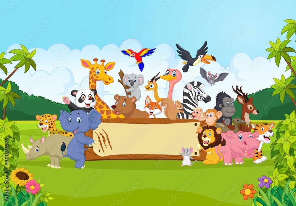 Cartoon wild animals holding banner Stock Vector | Adobe Stock