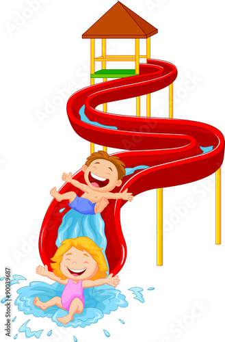 Happy children on water sliding
