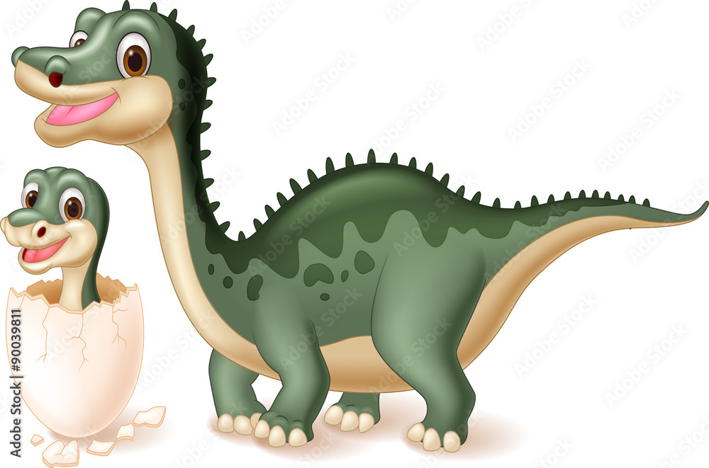 Fototapeta premium Mother dinosaur with baby hatching. vector illustration 