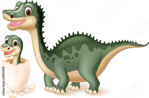 Mother dinosaur with baby hatching. vector illustration  
