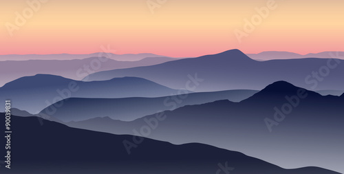 Vector illustration of a misty sunrise in the blue mountains photo