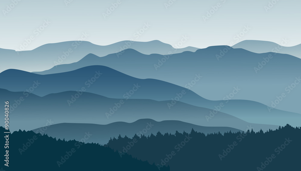 Naklejka premium Błękitne góry we mgle. Ilustracji wektorowych.