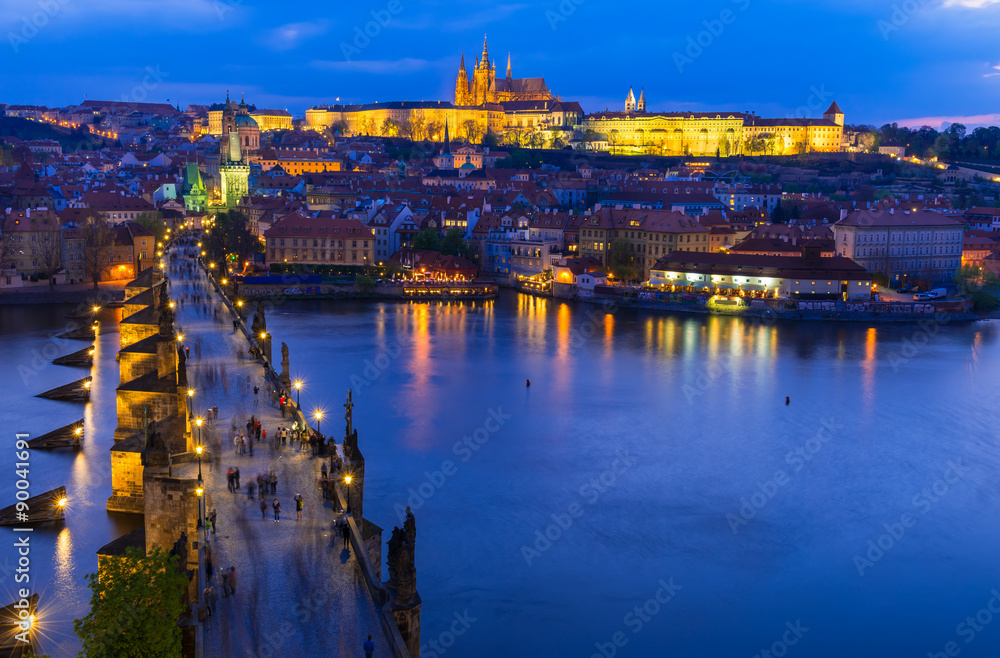 Charles Bridge, Prague Castle, Vltava river in Prague at night. Czech Republic
