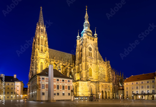 Night view of gothic St. Vitus Cathedral in Prague, Czech Republic 