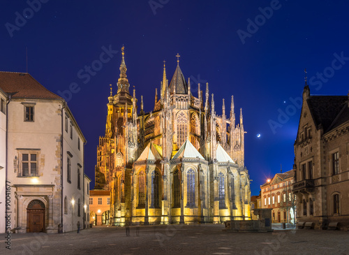Night view of gothic St. Vitus Cathedral in Prague, Czech Republic 