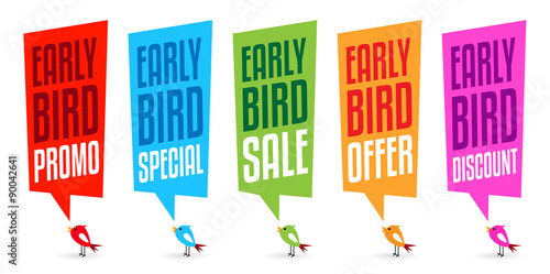 Early bird sale, early bird discount, early bird offer, early bird special, early bird promo