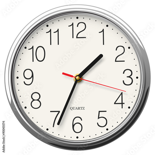 Round wall clock with glossy metallic body isolated
