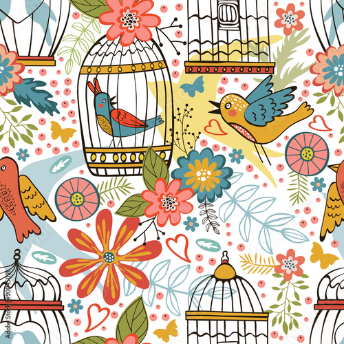 Elegant pattern with flowers, bird cages and birds