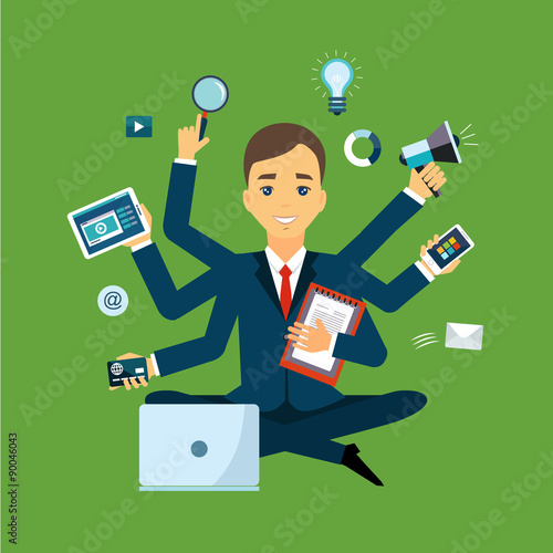 Businessman with multitasking and multi skill. Keep calm