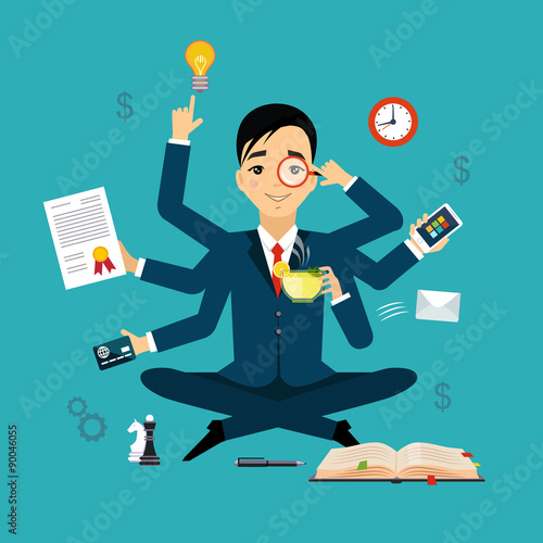 Businessman with multitasking and multi skill. Keep calm