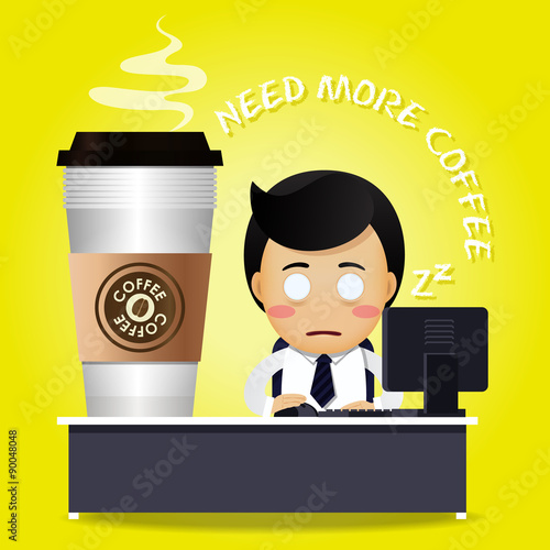 sleepy man working on computer and many big coffee cups