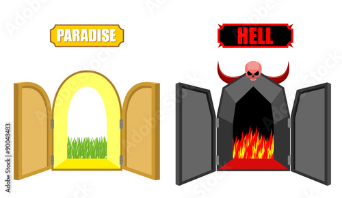 Gates of hell and paradise. Entrance to Satan and God. Scary bla