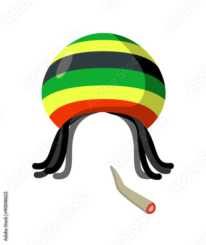 Rasta Cap with dreadlocks on white background. Spliff  smoking d