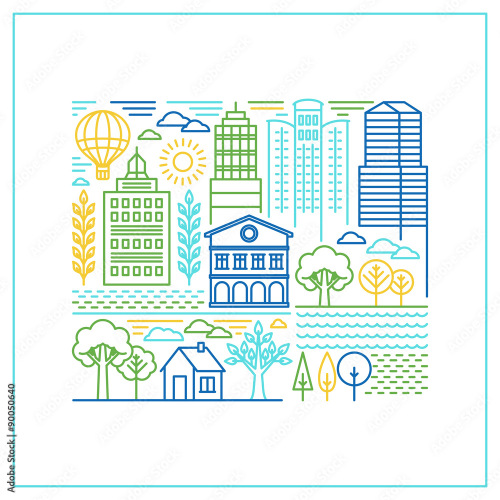 Vector linear city illustration in trendy style Vector linear city illustration in trendy style