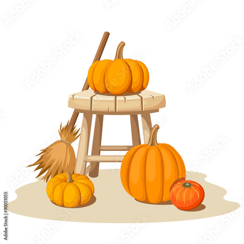 Still life with pumpkins and a wooden stool. Vector illustration.