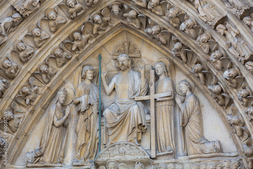 Paris - West facade of Notre Dame Cathedral. The Last Judgment portal and tympanum