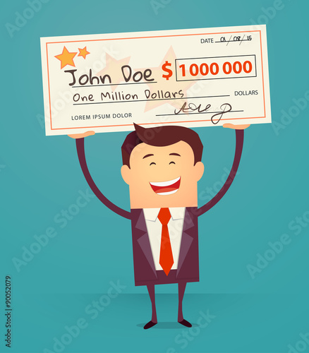 Happy man holding large check of one million dollar in hands. Bib win lottery