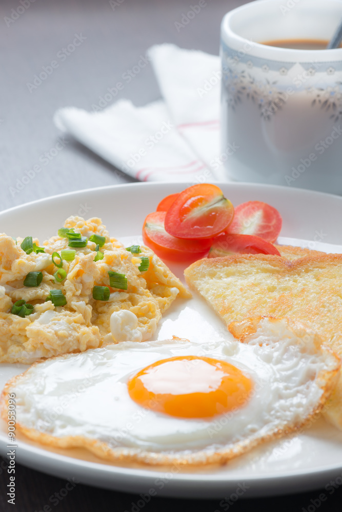 breakfast coffee, fresh fried egg and scrambled Egg breakfast coffee, fresh fried egg and scrambled Egg