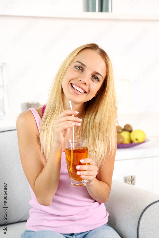 Young beautiful woman with fresh apple juice Young beautiful woman with fresh apple juice