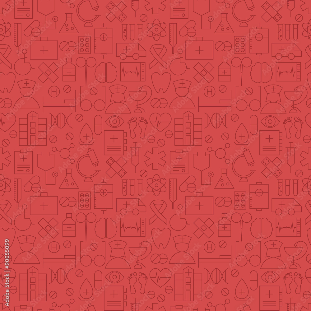 Thin Medical Line Health Care Red Seamless Pattern