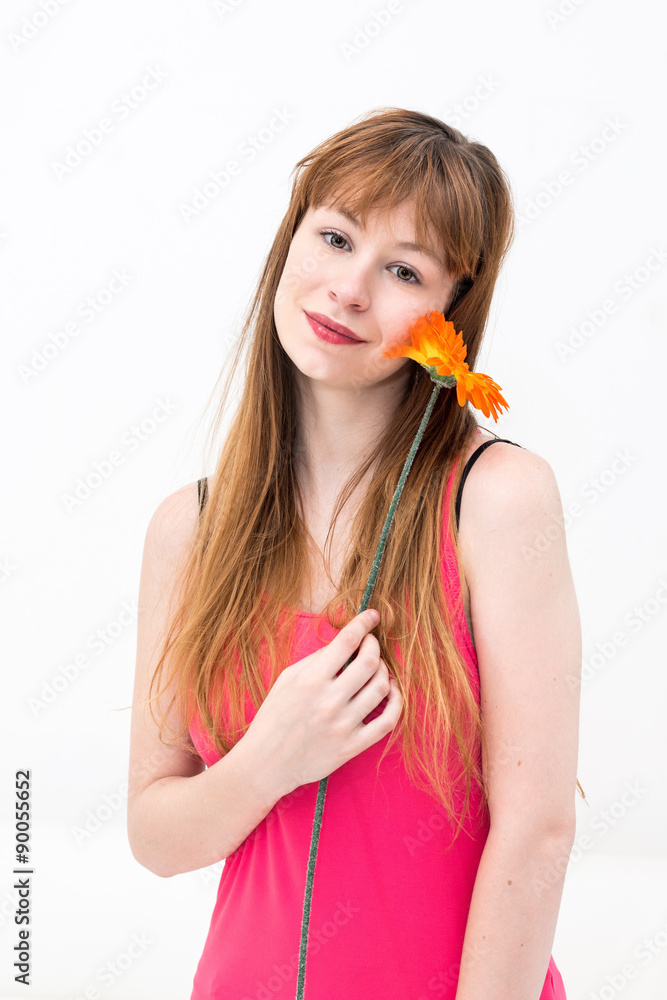 woman with flower on white background