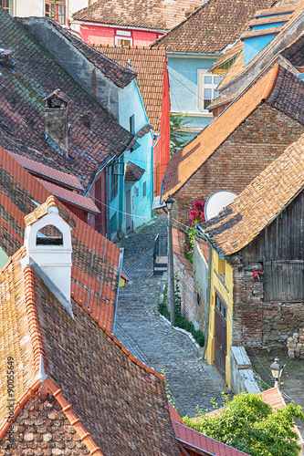 Aerial of alley and colourf...