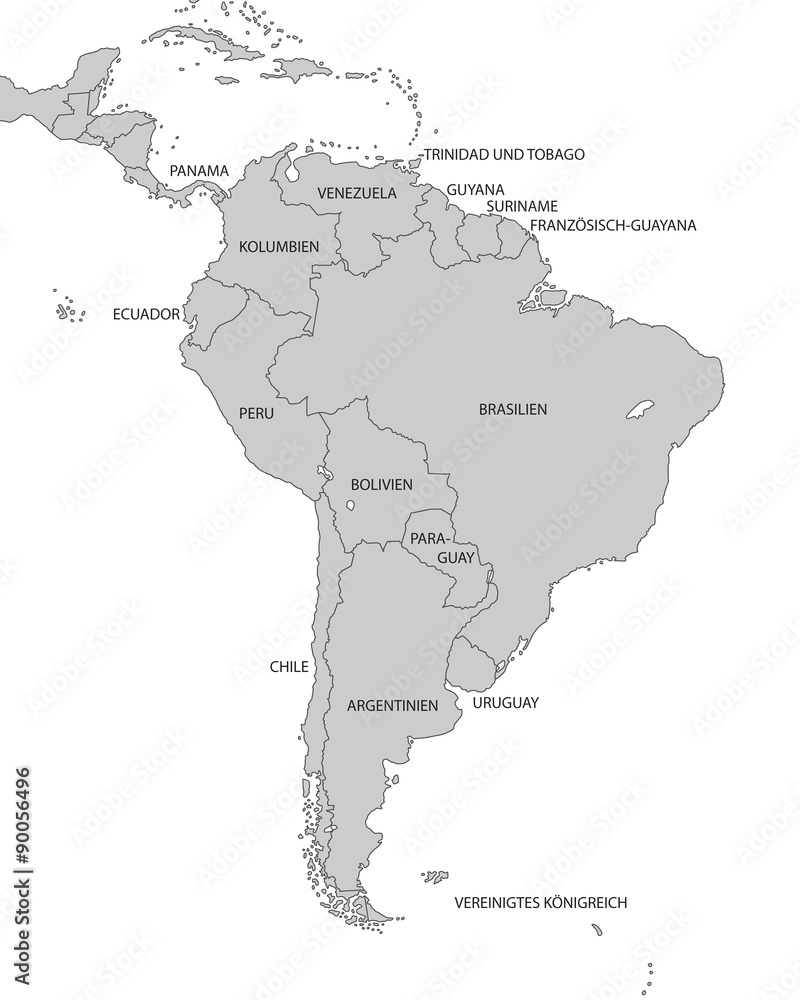 Südamerika - Karte in Grau (mit Schrift)