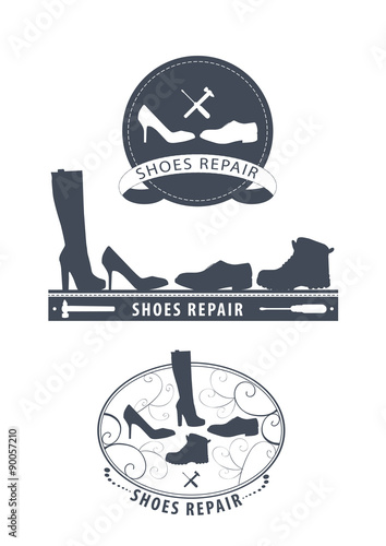 Set of vintage shoes repair emblems and designed elements