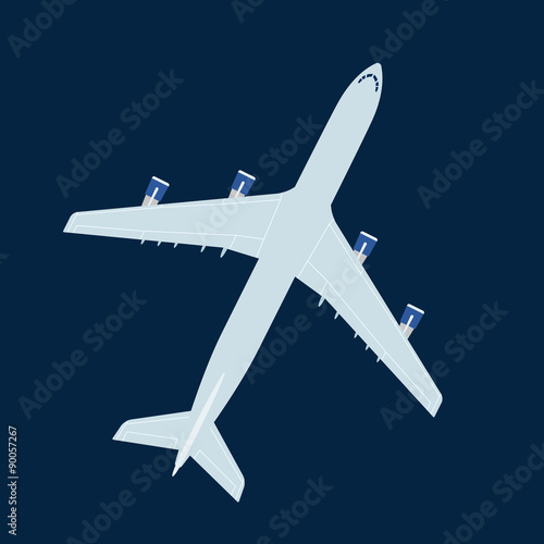 Big jet liner top view. Vector on dark blue background