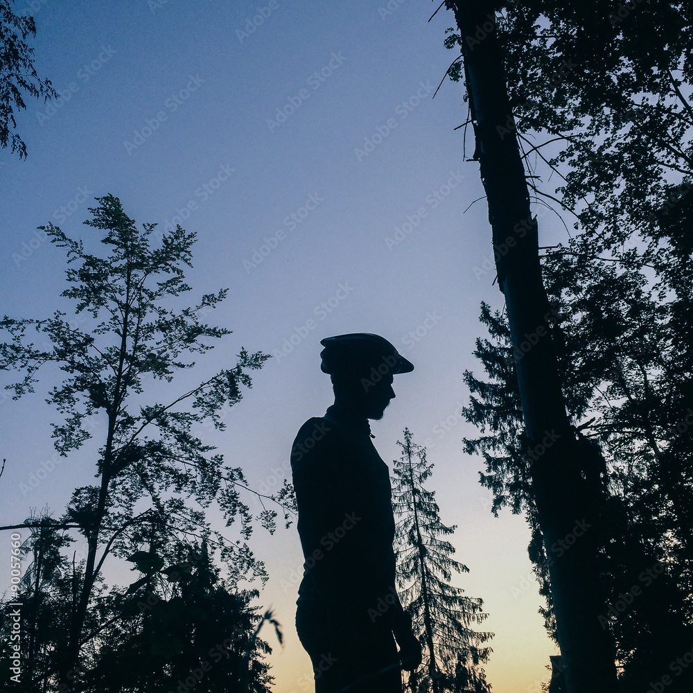 man silhouette in the morning mountain forest man silhouette in the morning mountain forest