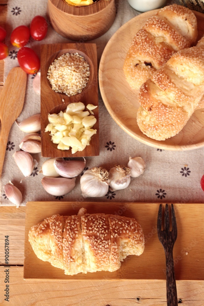 Garlic bread of herb delicious on wood background. Garlic bread of herb delicious on wood background.