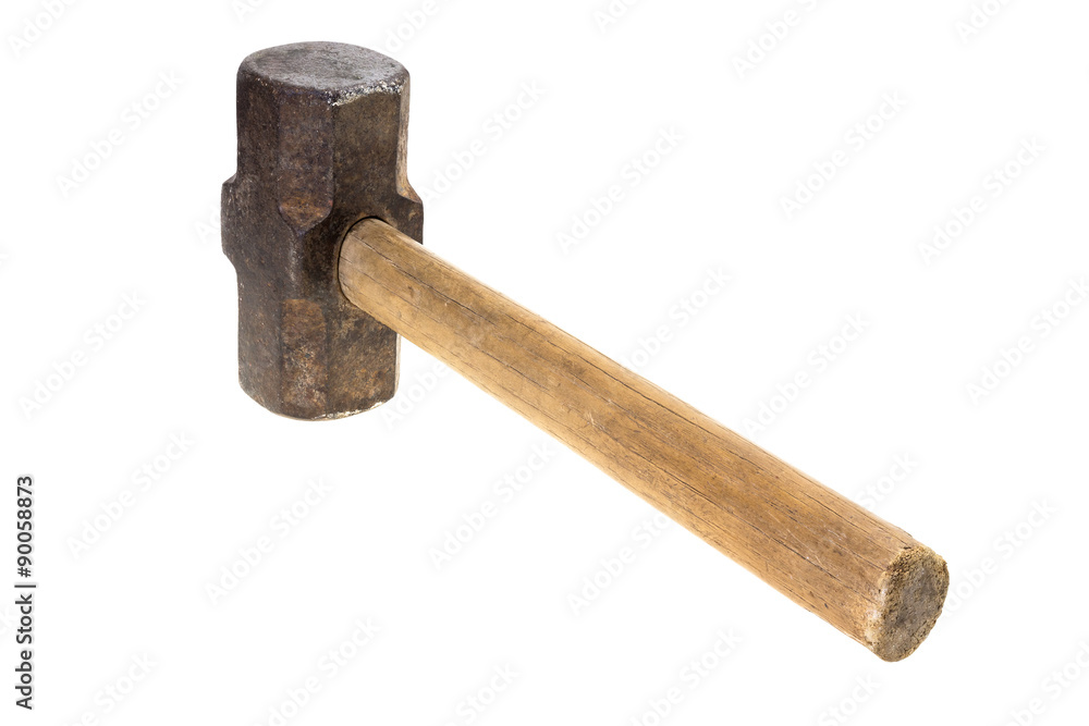 Old sledge hammer seen from handle side isolated on white Old sledge hammer seen from handle side isolated on white