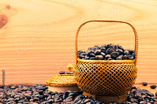 .Coffee beans roasted in bamboo baskets..