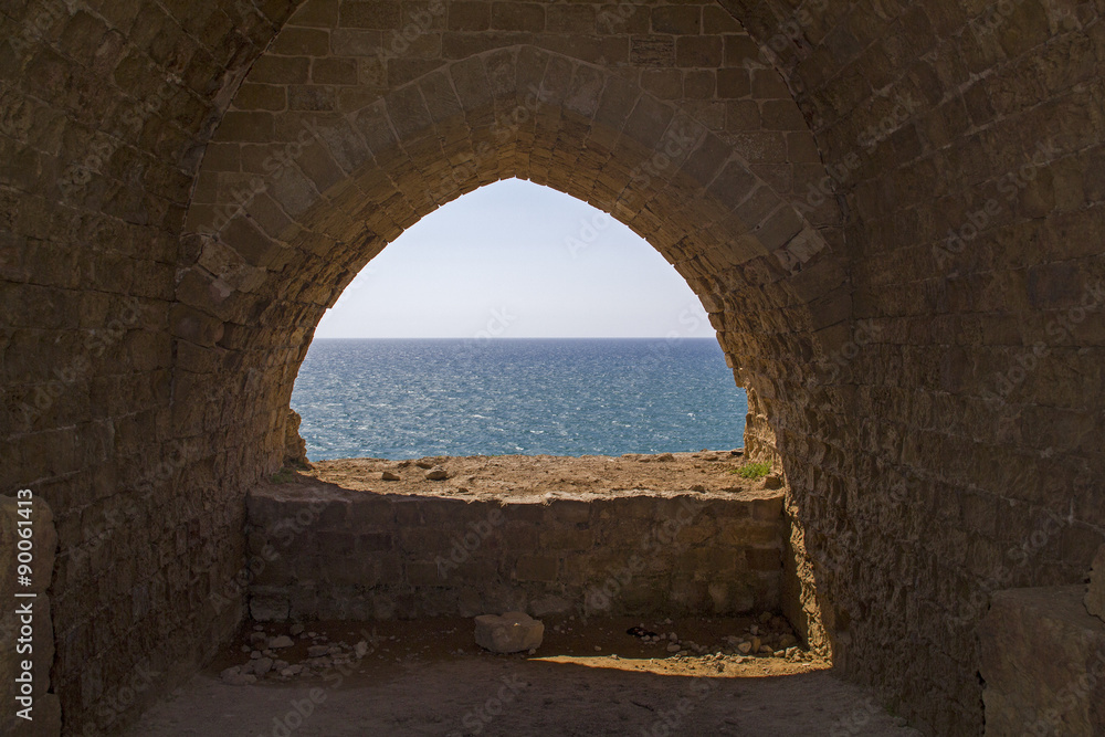 View to Mediterranean sea from the coast and Apollonia's ruins.Israel