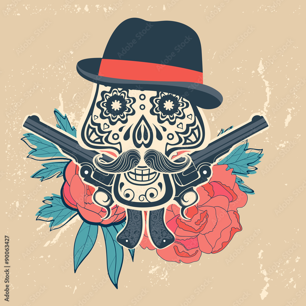 Fototapeta premium Hand drawn skull with guns and flowers in vintage style