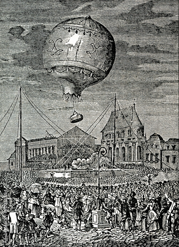 Fototapeta premium First flight of living beings in a basket attached to the balloon (Versailles, 19th of September 1783)