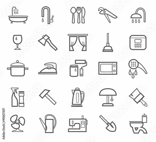 Signs, household goods, appliances, dishes, tools, grey outline, white background. 
