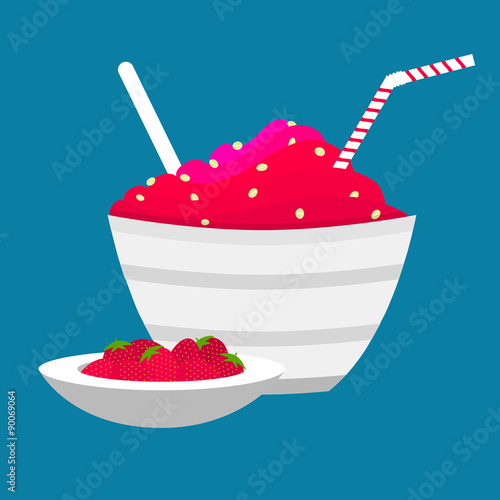 Bowl of strawberry cream with oat flakes. Beside, bowl of fresh strawberries as a side dish.