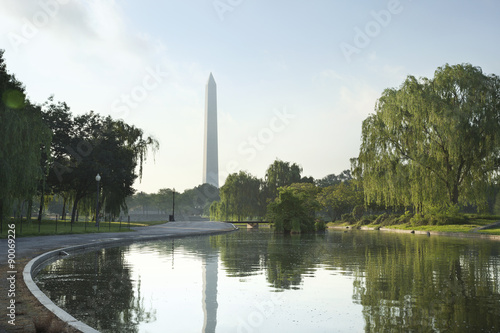 Morning shot of the Washington Monument reflected in a pond